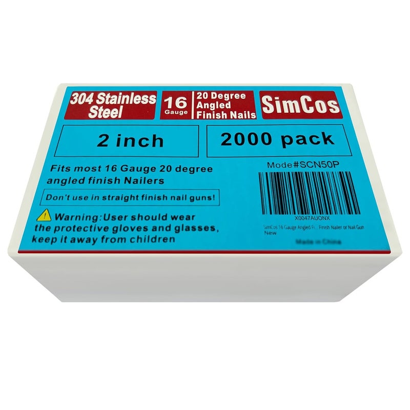 SimCos 16 Gauge Angled Finish Nails 304 Stainless Steel, (1-1/4", 1-1/2", 2", 2-1/2"), 20-Degree,Assorted Size Project Pack for Pneumatic, Electric Finish Nailer or Nail Gun (2 inch) - Image 1